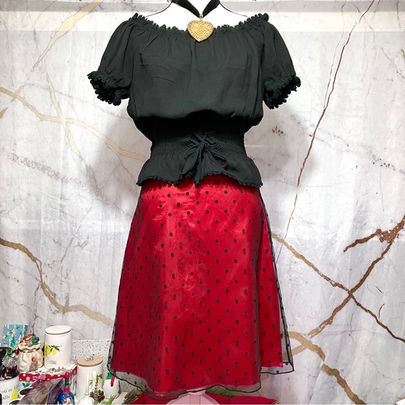 Vintage 90’s Black Mesh Polka Dot A-Line Skirt with Red Satin lining size S - Picture 3 of 6